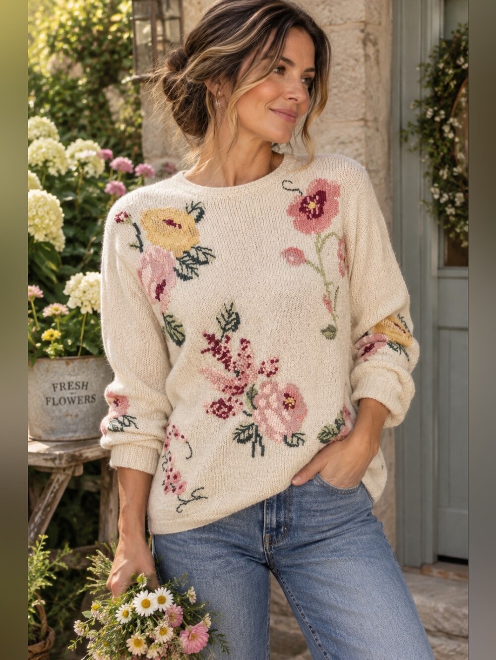 Linen Cotton Floral Embroidered Sweater M Cottagecore Granny Garden Countryside